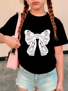 Girls' Outdoor Round Neck Short Sleeve Top, Bottom Lace Bow Print, Casual Comfortable Regular Fit, Ages 4-12, Graphic Shirt, Bow Print Tee
