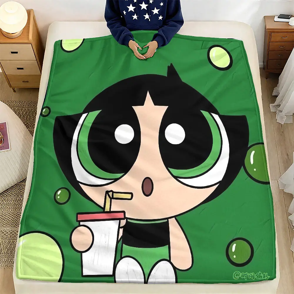 Powerpuff Girls Buttercup Throw Blanket, 90s Cartoon Fan Themed Cozy Blanket, Soft Fluffy Lightweight Blanket for All Seasons, Anti-Pilling Washable Decorative Blanket, cooling blankets