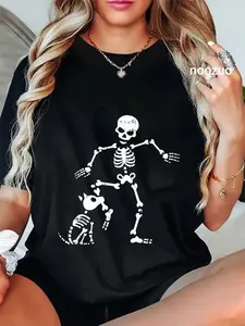100% Cotton Skeleton And Dog Halloween Costume Funny Skull Men Women T-Shirt