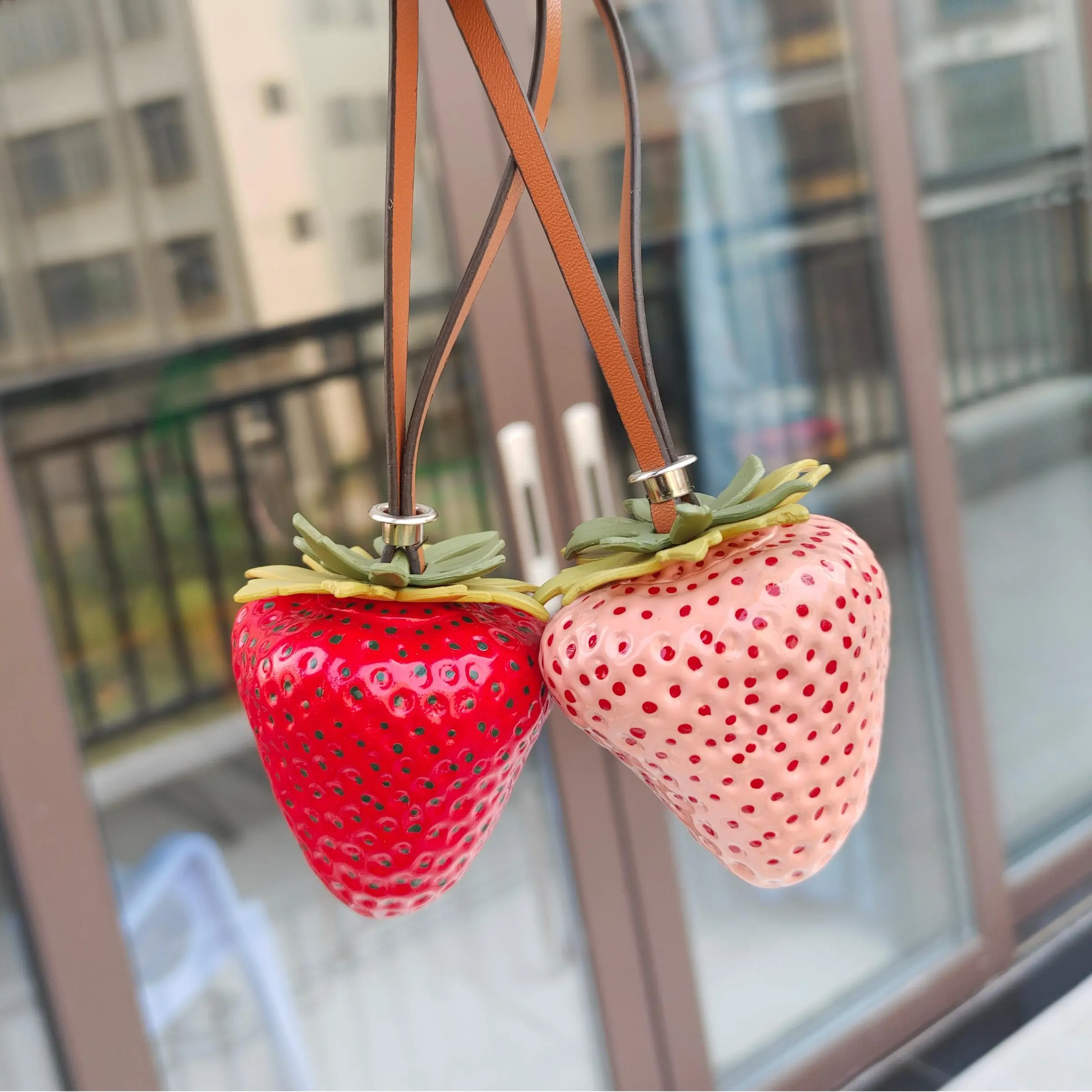Two Artificial Large Strawberry Hanging Decorations, + Cute 3D Realistic Hangable Strawberries, Macaron Series Faux Fruit Tabletop Ornament, Home Decor Accessory, Fruit Decorative Ornaments, Room Decoration Ornaments