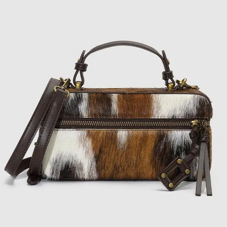 URBAN REVIVO Women's Cow Print Calf Hair Box Bag, Vintage Fluffy Crossbody Shoulder Purse with Top Handle for Everyday Use, Casual Shoulder Bag, Cow Pattern, Textile Liner