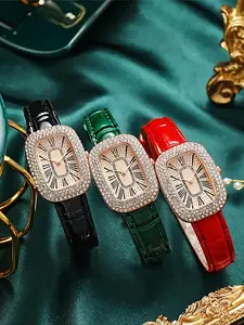 Trendy and fashionable women's leather strap watch with diamond inlay, water diamond wine barrel, women's quartz watch