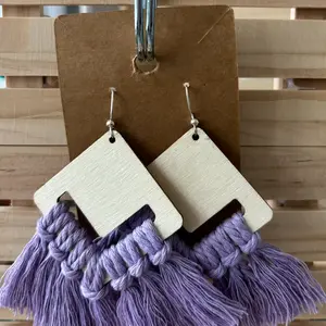 Macrame Wood Diamond Tasssel Earrings