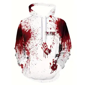 Traditional men's white hooded sweatshirt with red splatter design -3D printing, casual streetwear pullover, kangaroo pocket, spring and autumn long sleeves, super large hooded sweatshirt