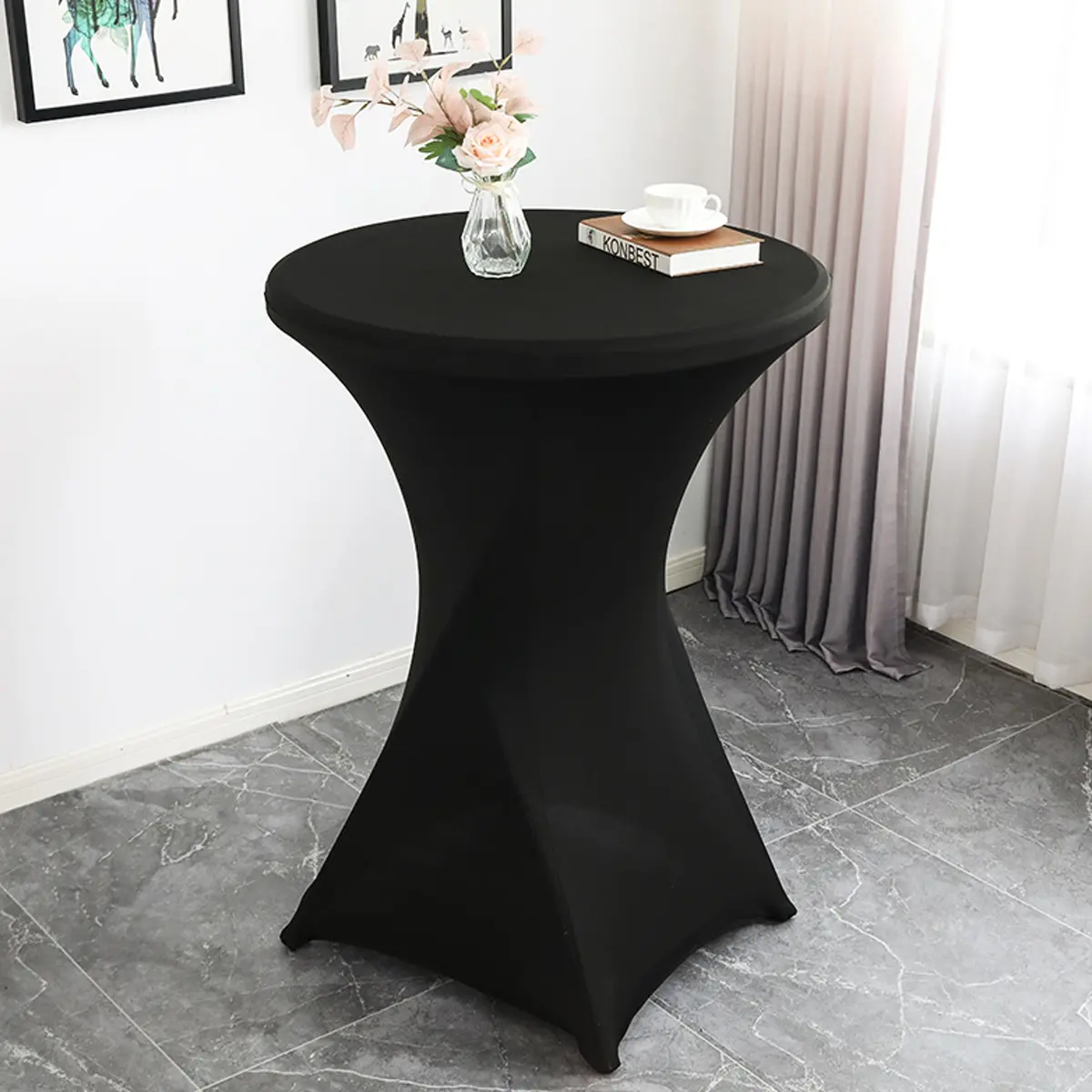 1/4 Pcs 32x43 Inches Spandex Cocktail Table Covers, Stretch Fitted Round Highboy Tablecloths with Elastic Foot Pockets, Wrinkle Resistant Bar Table Cover for Wedding, Party, Banquet and Event Decor.