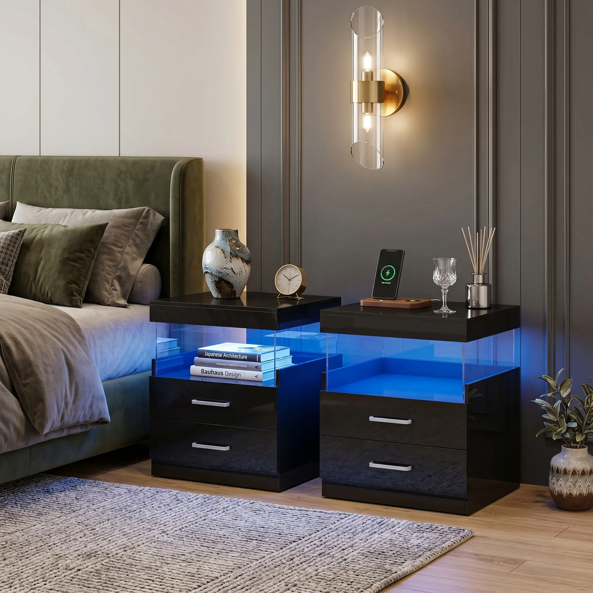 Modern High Gloss White Flat-Top Nightstand - Compact Size, Drawer-Equipped Dual-Use Bedroom Bedside Table with LED Lights, Charging Station, Acrylic Open Shelf, Wall Plugged, Numbered Steps Assembly
