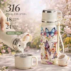 1Pc 600ml insulated mug, Vacuum Insulated Drinkware, double wall vacuum thermal cup, Leakproof Tumbler, 12h hot, 24h cold, leak proof lid, stainless steel, butterfly floral print, personalized initial design