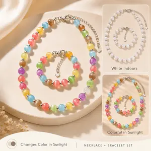2PCS UV Reactive Color Changing Necklace and Bracelet Set, Rainbow Beaded Dopamine Choker, Turns Rainbow in Sunlight, Waterproof Stackable Summer Jewelry Gift for Women