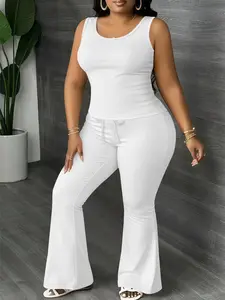 Women's Plus Size Basic Plain Two-Piece Set Sleeveless Vest & Slight Flare Pants, Comfortable Casual Chic Draped Silky Silk-Like Suit for Light Social Occasions