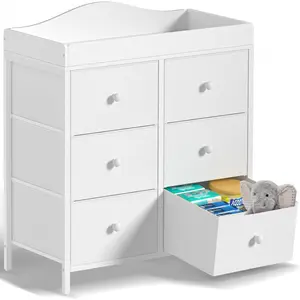 Modern Baby Changing Table Dresser - Drawer Chest Dresser with 6 Fabric Drawers, Changing Station Top, and Storage Design for Nursery Baby Furniture