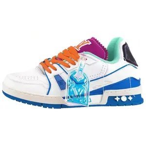 Louis Vuitton Men's White Blue Suede Leather Trainer Low Top Skateboarding Shoes with Transparent Luggage Tag & Customizable Design