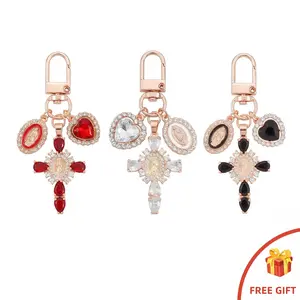 Gold Virgin Mary Medallion Cross Keychain, Heart Crystal Charms, Perfect Religious Gift for Confirmation, Communion & Holidays