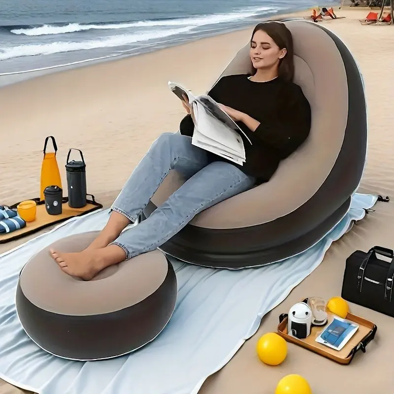 Adult Inflatable Deck Chairs Recliner with Foot Stool Inflatable Patio Lounge Sofa with Foot Pump Heavy-Duty Portable Folding Air Couch Ultra Lounge Space-Saving Indoor/Outdoor Lounge Chair for Living Room Camping Travel Balcony-Easy Setup & Storage