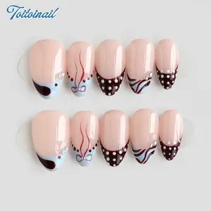 Light Pink Color Block, 10 PCS Short Almond Handmade Press On Nails, Pink Brown Hand-painted Patterns Press On Nails, Translucent Glossy Base, Polka Dot Diamond Decoration, Date Commuting Nail Set, Nail Art, Pressed On Nails, Nail Art DIY
