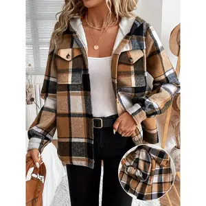 100% Polyester Plaid Hooded Jacket - Women's Casual Shirt with Fleece Lining, Button Detail, All-Season Warmth Coats Womenswear Can be used with raincoat