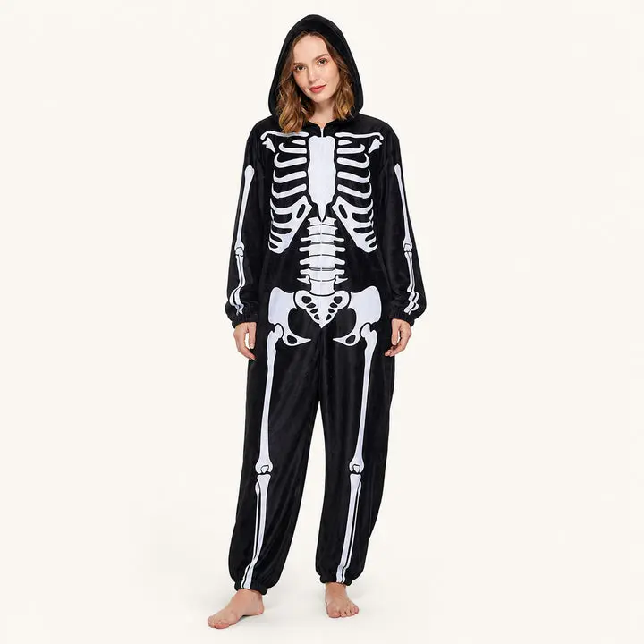 Women's Soft Black Skeleton Polyester Hoodie Zipper Costume, Long-Sleeve Fleece Kigurumi Onesie Sleepwear & Loungewear