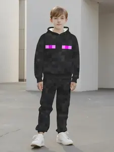 Enderman Pixel Block Hoodie Set, 3D Sandbox Game Style Boys' Sweatshirt & Pants Two-Piece Set, Casual Spring & Fall Wear