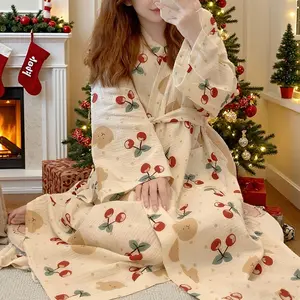 Christmas-Themed Cherry & Bear Print Robe for Women - Soft Cotton Kimono Style Sleepwear with Adjustable Elastic Waist - Festive Loungewear for Curvy & Petite Body Types