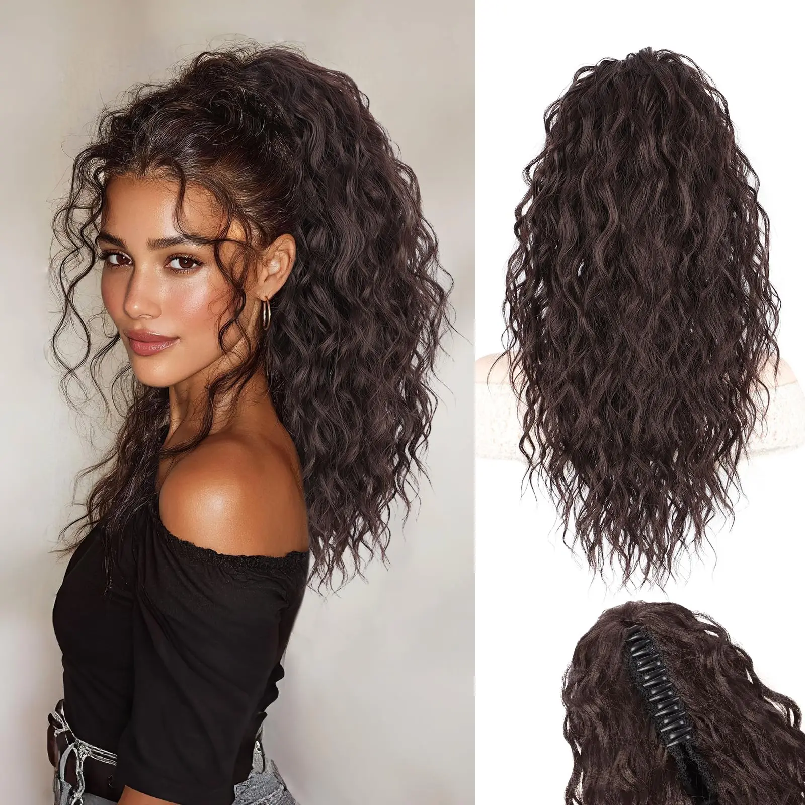 Yetta Beauty 18-in Curly Wave Clip-in Ponytail Extension, Lightweight Synthetic Hairpiece for Black Female - Thinning Hair Fix, Fuller Look, Easy All Day Wear, Ponytail Hairstyles, Natural Brown Blends Into Daily Looks, Brown to Ash Blonde, Braiding Use,,