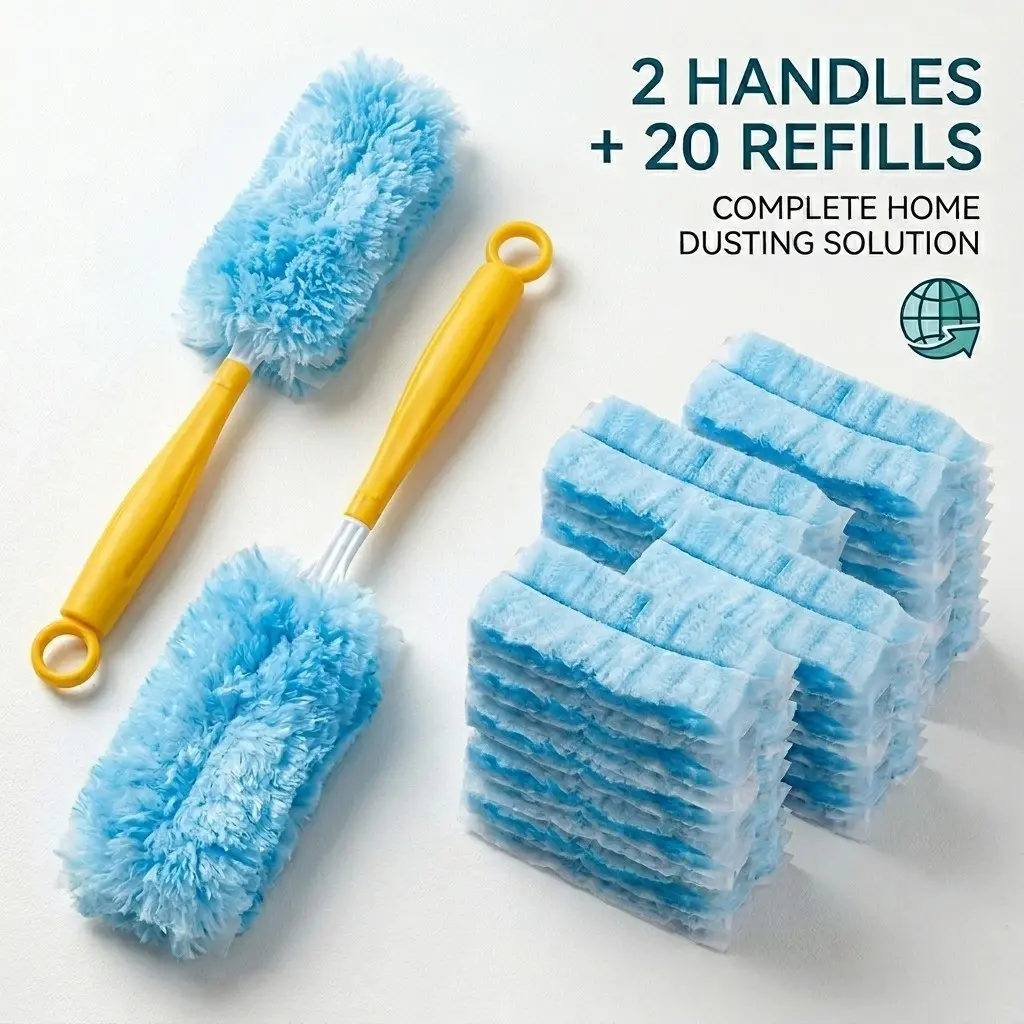 22PCS Electrostatic Duster Dust Removal Cleaning Kit with 2 Yellow Handles and 20 Refill Heads, Dusters for Cleaning, Duster Refills, Disposable Blue Dusting Brushes for Home Car Furniture Keyboard and Gap Cleaning, Heavy Duty Dust and Pet Hair Remover