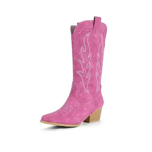 IDIFU Pink Cowboy Boots for Women Mid Calf Cowgirl Boots Embroidered Western Boots Chunky Low Heel Pointed Toe Country Boots Cute Fashion Booties for Women Dress Wedding Heeled Boots