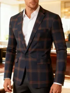 Men's Plaid Print Button Front Lapel Pocket Blazer Jacket, Casual Fitted Long Sleeve Suit Top for Business, Evening Parties, Formal Occasions