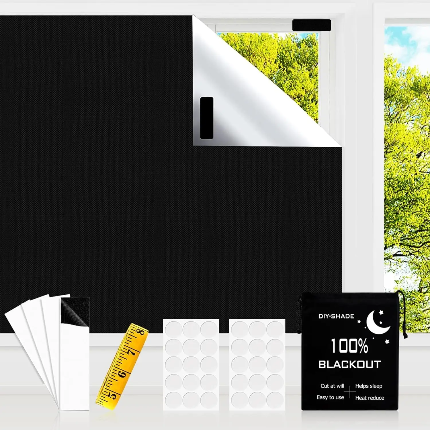Portable High-Density Synthetic Oxford Cloth Blackout Blind - 39x57in Stick-On Temporary No-Drill Window Blind for Bedroom, Office, Travel, Windows