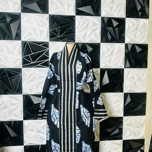 Adire Short Bubu - Stylish Black & White Floral Kimono with Striped Accents for Women