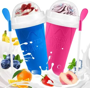 FANS-ONE Slushie Cup 2 Pack Slushy Maker Cups Frozen Magic Squeeze Cups for Juice Milk Yogurt Ice Cream Make DIY Smoothie Cooling Cup with Lid & Straw for Kids Friends Family Blue Pink