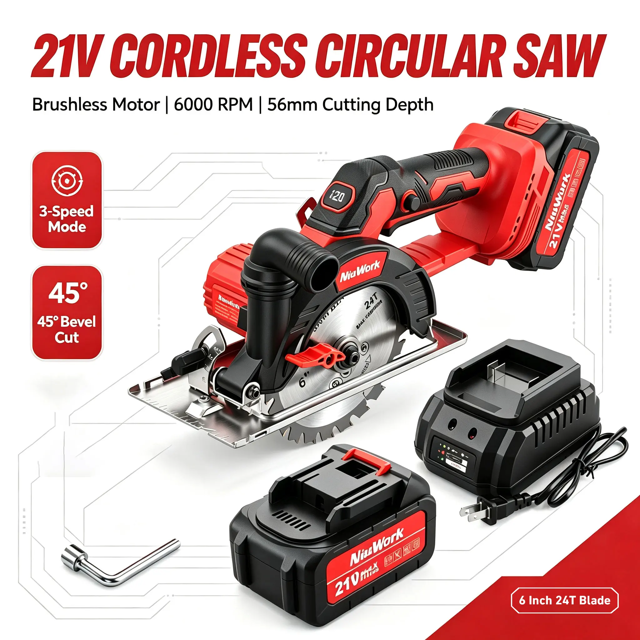 NiuWork Cordless Brushless Circular Saw,Sidewinder Style Portable,6 Inch Blade ,6000 RPM, 0-45 Degree Bevel Capability,Wood Metal Ceramic Tiles Cutter Power Tool,Compatible with Makita 21V Battery