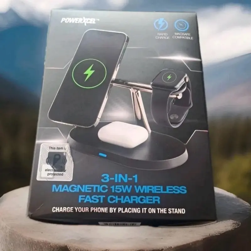 PowerXCel 3 In 1 Magnetic 15W  Wireless Fast Charger Mag Safe Rapid Charge Black