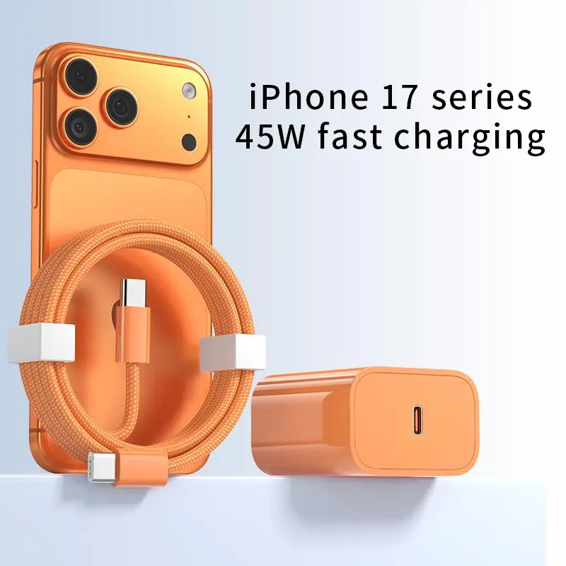 45W USB-C Fast Charger Kit with 6.6ft/3.3ft USB-C Cables, Mobile Typec Fast Charging Set for iPhone 17/17 Pro/17 Pro Max & Tablets, Portable Orange Charging Head Set