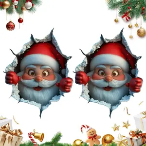 2PCS 3D Wall Breaking Santa Claus Sticker Fun 3D Christmas Santa Claus Sticker for Door Windows Refrigerator and Furniture High-Quality Reusable Vinyl Decals