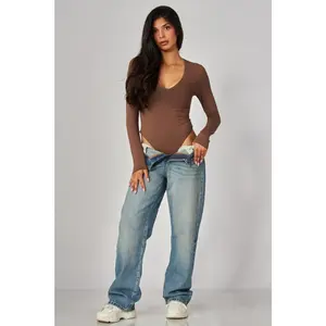 Women's Contour V-Neck Long Sleeve Bodysuit - Cocoa, Essential Tops with Sheer Fabric for Elegance