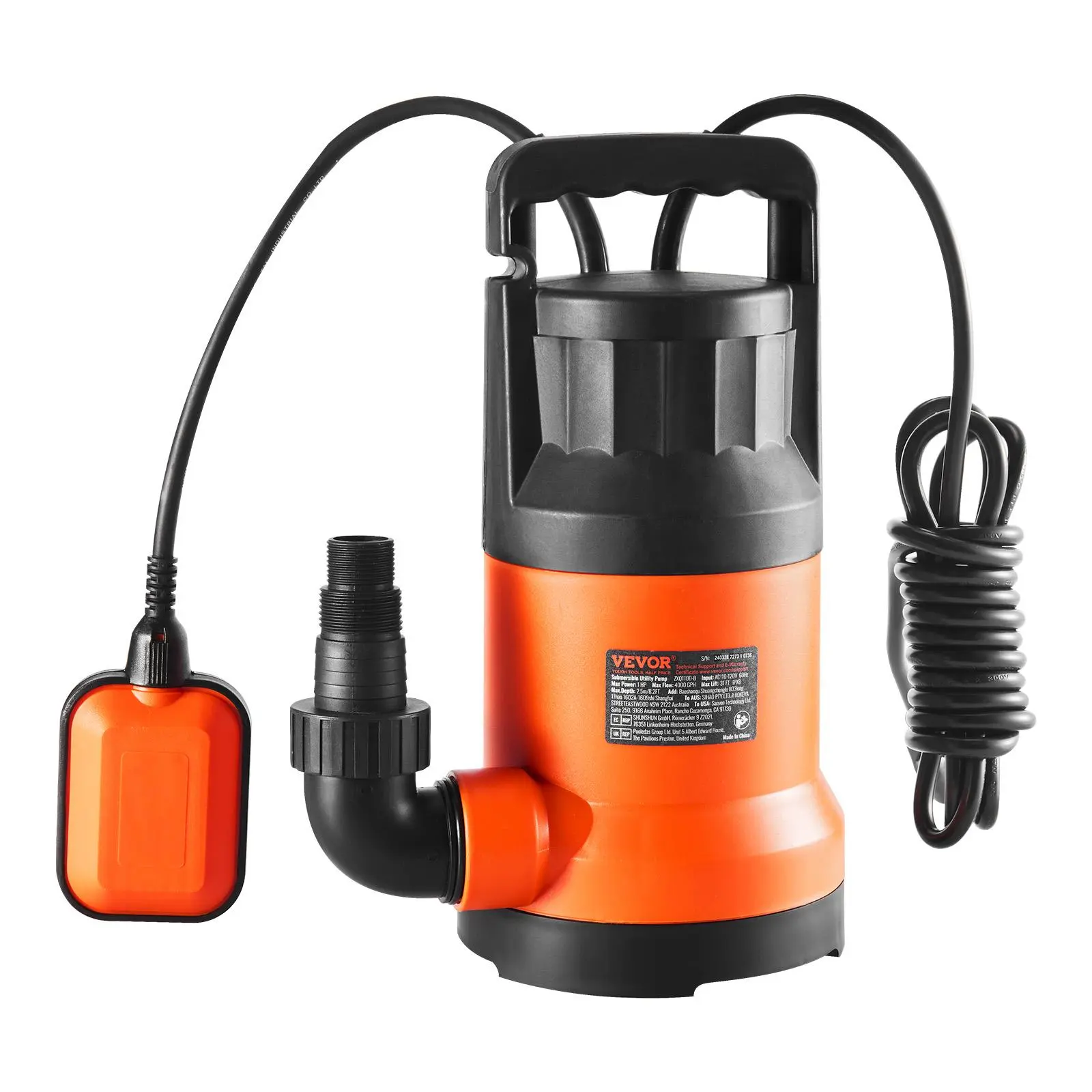 【summerfinds】VEVOR Utility Pump, 1 HP, 4000 GPH High Flow, 31 ft Head, Sump Pump Submersible Water Pump Portable Utility Pump with 10 ft Long Power Cord for Draining Water from Swimming Pool Garden Pond Basement