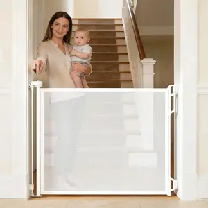 Retractable Safety Baby Gate or Mesh Dog Gate,Durable Portable Mesh Retractable Gate,Easy to Use for Stairs, Doorways, Hallways, Indoor, Outdoor, 33.5" Tall, Extends to 55" Wide,White