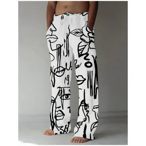 Men's Graffiti Print Casual Trousers Regular Fit Cuffed Drawstring Waist Streetwear Athleisure Pants Menswear Polyester
