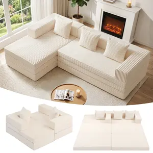 Modular Sectional Sofa, Boneless Convertible Oversized Sleeper Sofa Bed, Modern Tri-Folding Cloud Couch with L-Shape Chaise, Corduroy Futon Couches for Living Room Small Spaces Apartment,No Assembly