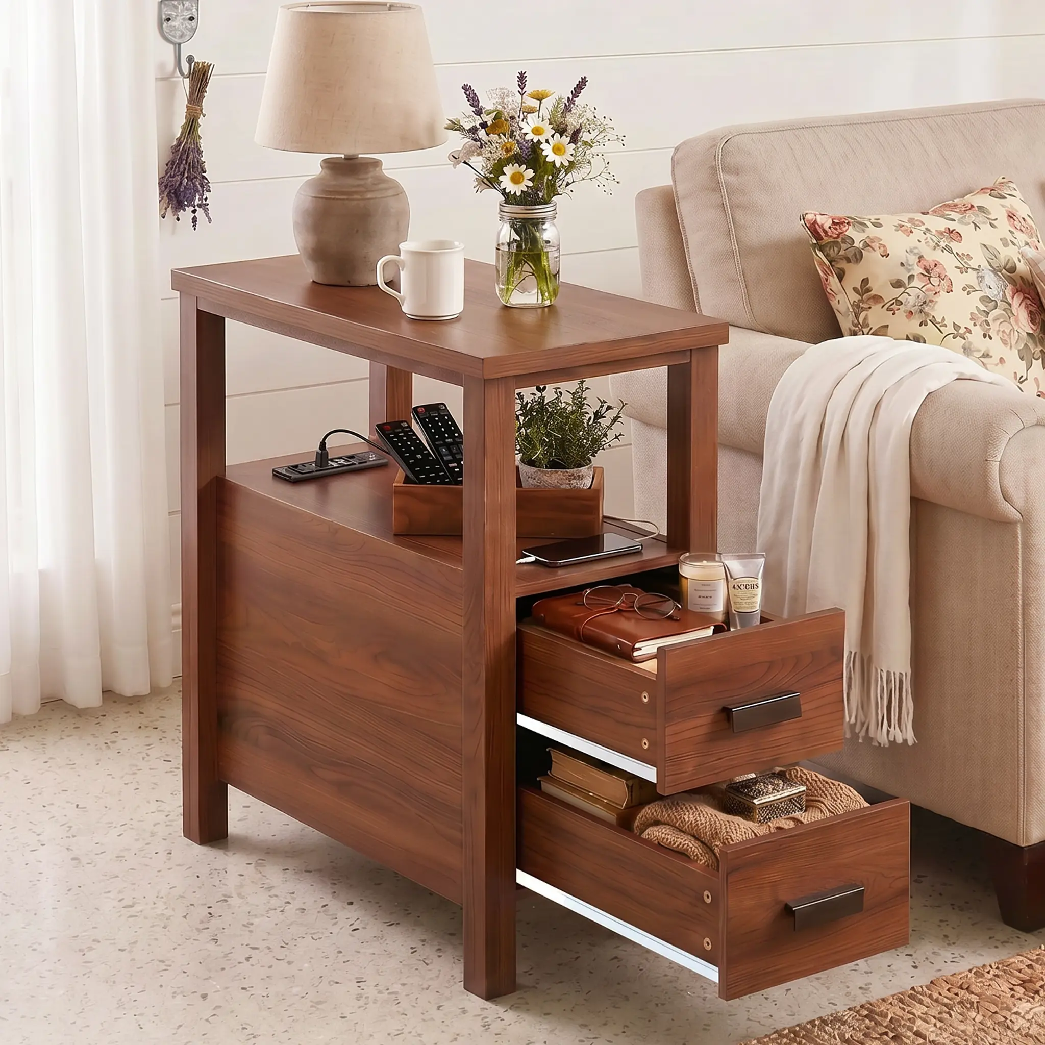 Modern  End Table with Charging Station, Narrow Side Table for Living Room,  Modern Night Stand with Storage, mall Rustic Wood Stylish with USB Ports and Outlets for Bedroom, Living Room, Apartment，RV.（ Walnut）
