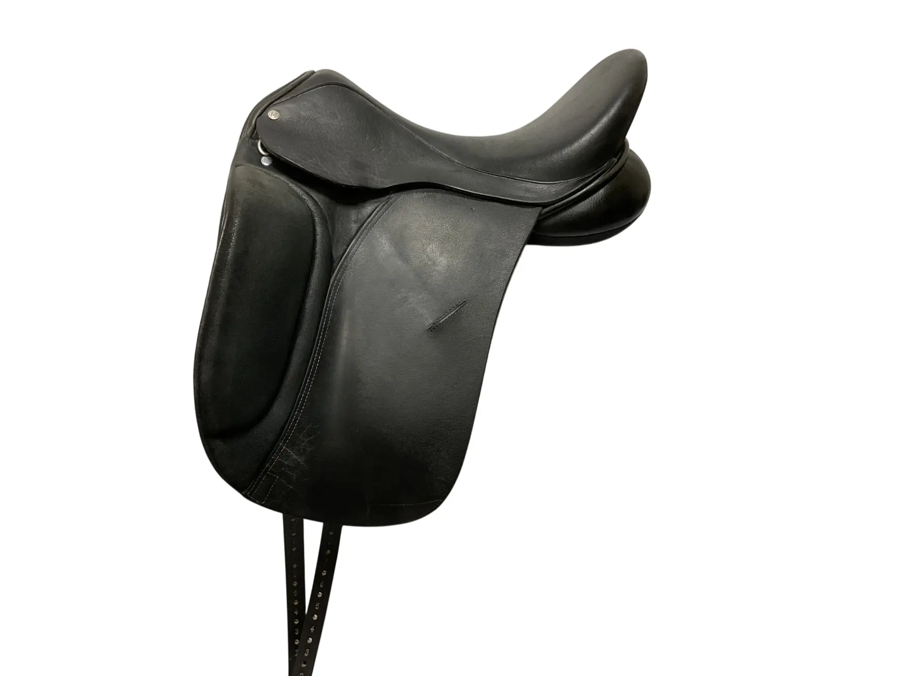 Used Masters Horse Riding Dressage Saddle - 18" Sueded Seat, Textured Leather Flaps, Medium Wide Tree, Top Front Shoulder Gussets, Black Equestrian Tack, Medium Width, Standard Flap, 2 1/2” Standard Depth Rear Gussets, Moderately Broad Back Angles, Unique