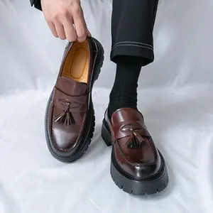 Men’s Black Chunky Loafers | Tassel Slip-On Dress Shoes | Thick Sole Comfort | Classic Look for Work, Casual & Everyday Wear | TikTok Trending,men loafers