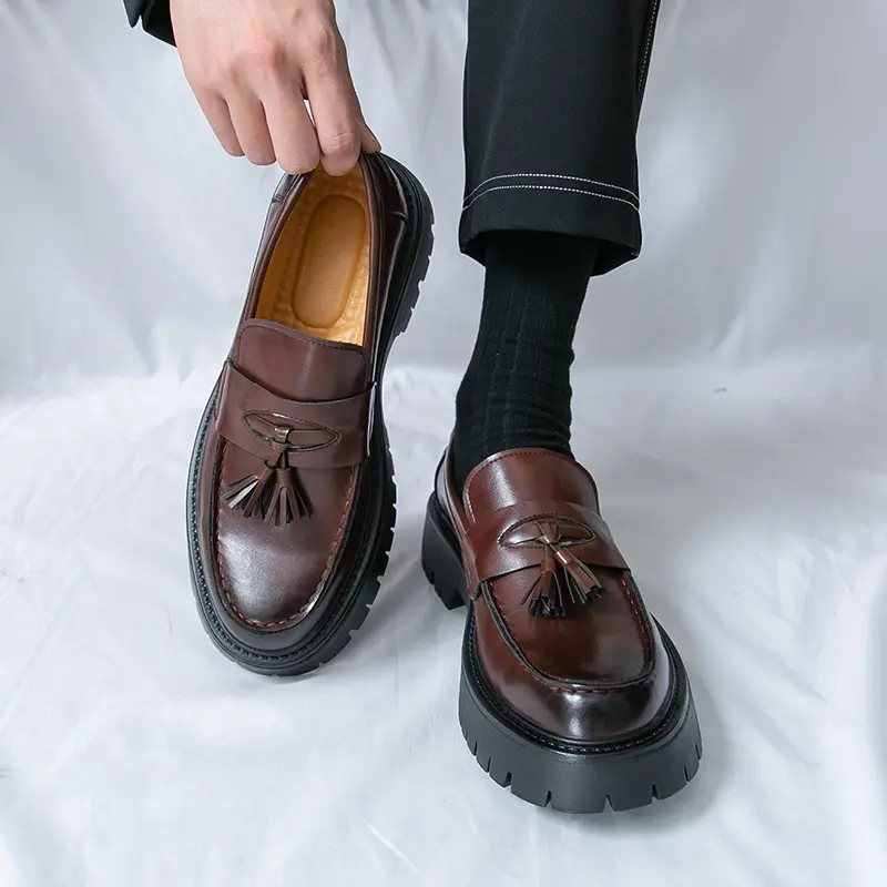 Men’s Black Chunky Loafers | Tassel Slip-On Dress Shoes | Thick Sole Comfort | Classic Look for Work, Casual & Everyday Wear | TikTok Trending,men loafers Flat Footwear campingessentials