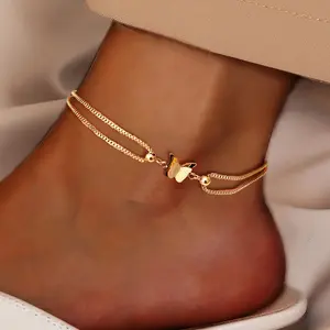 Hypoallergenic Stainless Steel - Women's Fashion Ankle Chain - Single Pack with Double Layer Butterfly Decoration - Classic Stylish Design in Golden and Silvery - Suitable for Daily Shopping or Parties