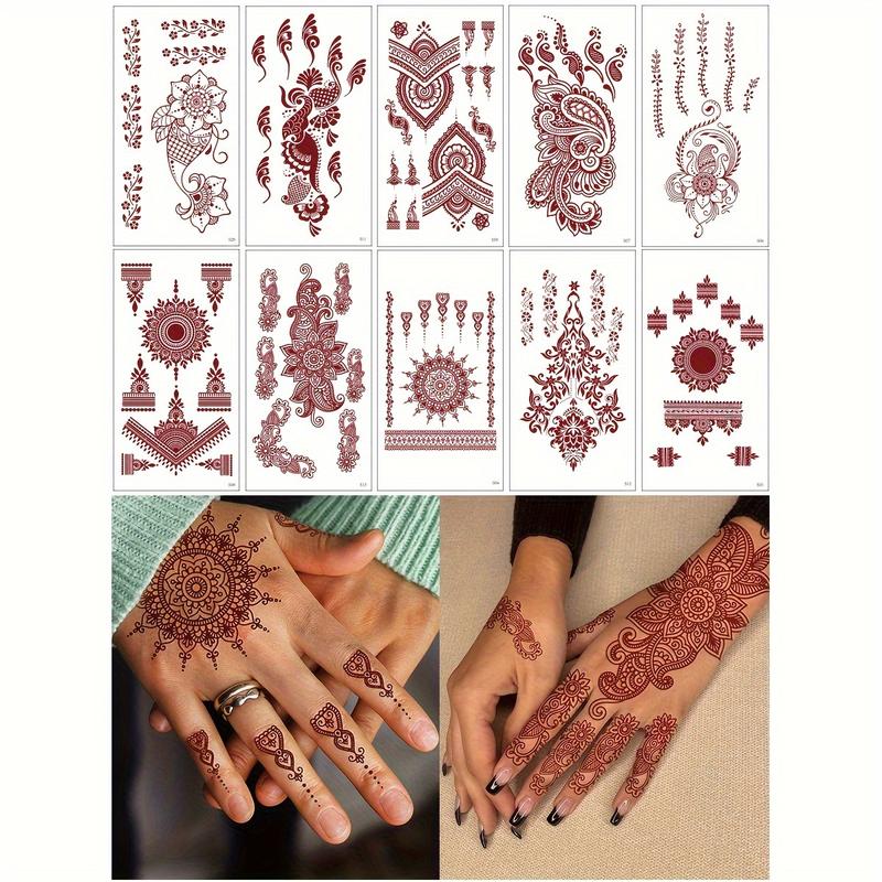 10-Piece Nontoxic Waterproof Temporary Tattoo Stickers - Assorted Red Vintage Floral, Butterfly, Tattoo Inspired Print, Solid PVC Glitter, Pre-Packaged for Children’s Casual Hands/Body Use (Beauty & Personal Care Makeup Accessory, No Battery Needed)