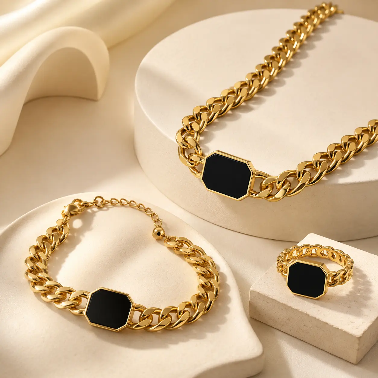 3 Piece Vintage Gold Black Jewelry Set Thick Link Chain Necklace Bracelet Ring for Women