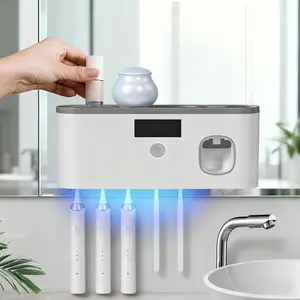 Bathroom toothbrush holder, wall-mounted toothbrush stand with toothpaste container, bathroom solar charging device for toothbrushes, no drilling required, toothbrush holder