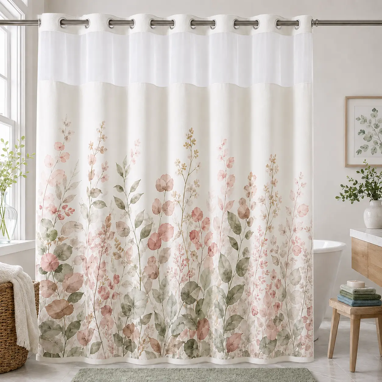 Pink Botanical No Hook Shower Curtain and Snap-in Liner , Hookless Double-Layer Bathroom Curtain with Snap-in Waterproof Liner, Sheer Top Panel, Floral Leaf Design, 72 x 75 Inch