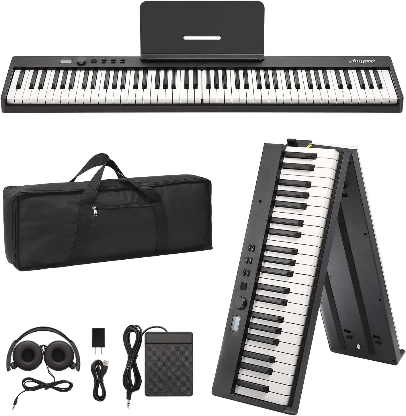 88-Key Foldable Full-Size Bluetooth MIDI Digital Piano - Portable Lightweight Keyboard with Power Adapter, Headphones, Carry Bag, USB Function, Black, Ideal for Beginners as Christmas Gift