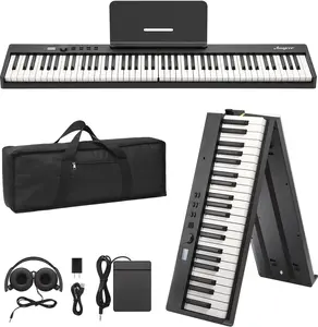 88-Key Folding Electronic Piano, Portable Full-Size Bluetooth MIDI Keyboard with Power Adapter, Headphones, Carry Bag, for Beginners, Black