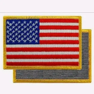 2 pc American Flag Embroidered Patch Gold Border USA